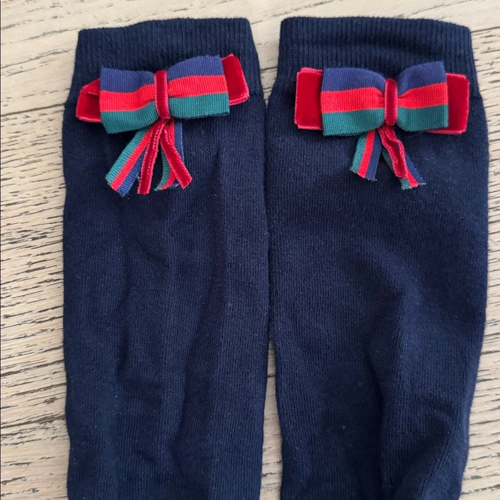 PICCOLA SPERANZA Navy Dress w/bow striped detailing, matching headband/socks 10. - Picture 10 of 13